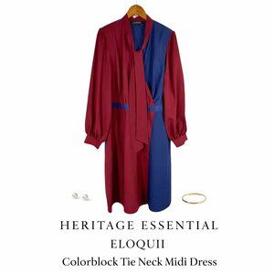 Eloquii Colorblock Tie Neck Midi Dress Burgundy Blue Long Sleeve Size 16